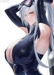 Rule 34 | 1girl, absurdres, armpit cutout, armpits, arms up, artist name, azur lane, bad id, bad pixiv id, blush, breasts, cleavage, clothing cutout, enterprise (azur lane), enterprise (diving under blue skies) (azur lane), eyewear on head, goggles, goggles on head, grey hair, hair tie in mouth, highres, large breasts, larger bmx, long hair, mouth hold, official alternate costume, ponytail, purple eyes, simple background, solo, swim goggles, swimsuit, upper body, wet, white background