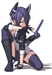 Rule 34 | 1girl, absurdres, black gloves, boots, cardigan, checkered clothes, checkered necktie, checkered neckwear, dirty, eyepatch, gloves, hand on ground, hand to own mouth, headgear, highres, kantai collection, karasuma kuraha, necktie, one eye covered, on one knee, partially fingerless gloves, purple hair, school uniform, shadow, short hair, simple background, skirt, solo, sword, tenryuu (kancolle), thighhighs, thighs, weapon, white background, yellow eyes