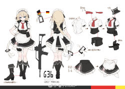 Rule 34 | 1girl, apron, assault rifle, black footwear, blonde hair, blue eyes, blush, boots, braid, braided bangs, braided ponytail, breasts, bridal garter, character name, closed mouth, corset, cropped jacket, dress, g36 (girls&#039; frontline), german flag, girls&#039; frontline, gloves, gradient hair, gun, h&amp;k g36, hair between eyes, hair ornament, hand on own hip, highres, imoko (imonatsuki), knee boots, long hair, looking at viewer, maid, maid apron, maid headdress, medium breasts, multicolored hair, multiple views, neck ribbon, pouch, puffy short sleeves, puffy sleeves, red ribbon, ribbon, rifle, short sleeves, sidelocks, simple background, single braid, sleeveless, sleeveless jacket, thighs, tsurime, very long hair, weapon, white gloves