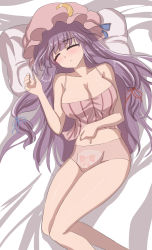Rule 34 | 1girl, :&lt;, adapted costume, bare shoulders, bed, blue ribbon, breasts, camisole, cleavage, closed eyes, closed mouth, collarbone, commentary, crescent, crescent hat ornament, full body, hair ribbon, hat, hat ornament, hat ribbon, highres, large breasts, light blush, long hair, midriff, mob cap, namiki (remiter00), navel, on bed, panties, patchouli knowledge, pillow, purple hair, red ribbon, ribbon, sleeping, solo, striped camisole, thighs, touhou, underwear, very long hair