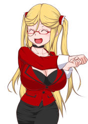 Rule 34 | 1girl, artist request, bent over, blonde hair, breasts, cleavage, curvy, female focus, formal, glasses, happy, highres, huge breasts, kosaka shizuru, long hair, looking at viewer, looking away, miniskirt, pencil skirt, shiny skin, shirt, simple background, skirt, smile, solo, suit, taimanin (series), taimanin rpgx, taimanin yukikaze, teacher, twintails, very long hair, white background