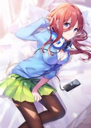 Rule 34 | 1girl, arm up, bed, bed sheet, black pantyhose, blue cardigan, blue eyes, breasts, brown hair, cardigan, cellphone, cleavage, closed mouth, commentary request, go-toubun no hanayome, green skirt, hair between eyes, hanakanzarashi, headphones, headphones around neck, highres, iphone, long bangs, long hair, looking at viewer, lying, medium breasts, nakano miku, on bed, on side, open clothes, open shirt, pantyhose, phone, pillow, reflection, shirt, skirt, smartphone, smile, solo, white shirt