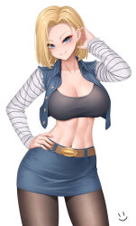 Rule 34 | 1girl, android 18, belt, black pantyhose, blonde hair, blue eyes, blue jacket, blue skirt, blush, breasts, brown belt, cleavage, collarbone, cowboy shot, dragon ball, dragonball z, earrings, hand on own hip, hand up, highres, jacket, jewelry, large breasts, long sleeves, looking at viewer, midriff, navel, open clothes, open jacket, pantyhose, parted lips, short hair, simple background, skirt, smile, solo, thighs, wei xiao, white background