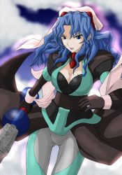 Rule 34 | 1990s (style), 1girl, amakarakuchi, black gloves, blue hair, blurry, blurry background, breasts, choker, cleavage, cloud, cloudy sky, el hazard, gloves, gluteal fold, hair between eyes, headdress, headgear, highres, holding, holding staff, ifurita, large breasts, lipstick, long hair, looking at viewer, makeup, parted bangs, parted lips, puffy sleeves, retro artstyle, sash, skin tight, sky, solo, staff, v-shaped eyebrows, wind