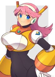 Rule 34 | 1girl, blue eyes, blush, breasts, closed mouth, hand on own hip, headset, highres, large breasts, long hair, looking at viewer, mega man: maverick hunter x, mega man (series), mega man x (series), navigator (irregular hunter x), navigator (mega man), outside border, pink hair, robot girl, smile, solo, swept bangs, tobitori