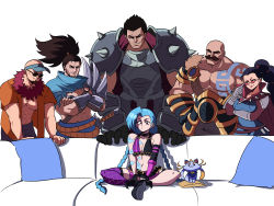 Rule 34 | abs, absurdres, armor, bald, bare shoulders, black hair, blue hair, braid, braum (league of legends), couch, darius (league of legends), facial hair, fingerless gloves, glasses, gloves, hat, highres, jinx (league of legends), league of legends, lee sin, long hair, looking at viewer, mature male, meme, multiple boys, multiple girls, muscular, muscular male, mustache, on couch, pillow, pink eyes, piper perri surrounded (meme), ponytail, scar, scar on face, short hair, sitting, smile, tattoo, tina fate, toned, toned male, twin braids, vayne (league of legends), very long hair, yasuo (league of legends), yuumi (league of legends)