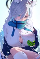 Rule 34 | 1girl, absurdres, animal ear fluff, animal ears, blue archive, blue eyes, breast pocket, breasts, button gap, highres, kazane-wind, large breasts, necktie, pocket, scarf, shiroko (blue archive), shiroko terror (blue archive), undersized clothes, undone necktie, white hair, wolf ears