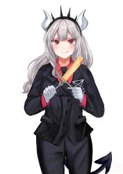 Rule 34 | 1girl, absurdres, artist name, black necktie, black pants, blue sealad, blush, closed mouth, collared shirt, demon tail, food, fork, gloves, helltaker, highres, holding, holding fork, holding knife, knife, long hair, long sleeves, looking at viewer, lucifer (helltaker), mole, mole under eye, necktie, pants, red eyes, red shirt, shirt, smile, solo, tail, tongue, tongue out, white gloves, white hair