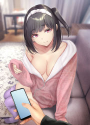 Rule 34 | 1girl, bare shoulders, black hair, blurry, blurry background, breasts, carpet, cellphone, cleavage, collarbone, commentary request, from above, gentsuki, hairband, highres, holding, holding phone, hood, hood down, hooded jacket, hoodie, indoors, jacket, large breasts, long sleeves, looking at viewer, no bra, off-shoulder jacket, off shoulder, original, phone, red eyes, side ponytail, sleeves past wrists, smile, solo focus, table, thighhighs, white hairband, zipper