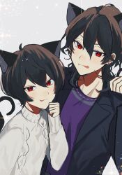 Rule 34 | 2boys, animal ears, black hair, black jacket, brothers, cat boy, cat ears, cat tail, ensemble stars!, extra ears, highres, jacket, long sleeves, looking at viewer, male focus, medium hair, multiple boys, paw pose, purple shirt, red eyes, sakuma rei (ensemble stars!), sakuma ritsu, shirt, short hair, siblings, smile, smirk, sweater, tail, tongue, tongue out, turtleneck, turtleneck sweater, white sweater, yukimi bon
