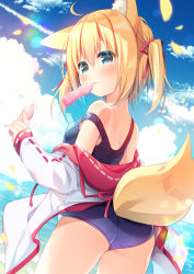 Rule 34 | 1girl, ahoge, animal ear fluff, animal ears, ass, blonde hair, blue eyes, blue one-piece swimsuit, blue sky, blush, breasts, closed mouth, cloud, commentary request, day, dutch angle, fox ears, fox girl, fox tail, hair between eyes, hair ribbon, hanamiya natsuka, horizon, jacket, long sleeves, looking at viewer, looking back, mouth hold, ocean, off shoulder, one-piece swimsuit, open clothes, open jacket, original, outdoors, petals, red ribbon, ribbon, school swimsuit, sky, sleeves past wrists, small breasts, solo, strap slip, swimsuit, tail, twintails, water, white jacket