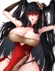 Rule 34 | 1girl, absurdres, azur lane, bare shoulders, black hair, black panties, breasts, china dress, chinese clothes, cleavage, crossed bangs, dress, hair between eyes, hair ornament, highleg, highleg dress, highres, holding, holding own hair, huge breasts, long hair, open mouth, panties, pelvic curtain, red dress, red eyes, side slit, taihou (azur lane), taihou (phoenix&#039;s spring song) (azur lane), tpn.nonna, underwear