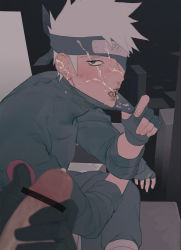 Rule 34 | 2boys, after fellatio, bar censor, black eyes, black gloves, bluesy, censored, cum, cum in mouth, cum on hand, erection, facial, fingerless gloves, forehead protector, gloves, grey hair, hand on penis, hatake kakashi, highres, lips, looking at viewer, male focus, mask, mask pull, multiple boys, naruto (series), naruto shippuuden, open mouth, penis, penis grab, sitting, uchiha obito, yaoi
