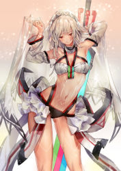 Rule 34 | 1girl, altera (fate), bad id, bad pixiv id, blush, bodypaint, box, breasts, cleavage, closed mouth, coat, commentary, dark-skinned female, dark skin, detached sleeves, fate/grand order, fate (series), fingernails, hair between eyes, highres, holding, long sleeves, medium breasts, nail polish, navel, ogyue, photon ray (fate), red eyes, short hair, silver hair, simple background, smile, solo, standing, sword, veil, weapon, white background