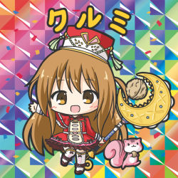Rule 34 | 1girl, :d, animal, bikkuriman (style), blush, boots, brown eyes, brown hair, character name, chibi, confetti, cross-laced clothes, cross-laced legwear, dress, flower knight girl, full body, hair between eyes, hat, holding, holding staff, kurumi (flower knight girl), long hair, long sleeves, looking at viewer, one side up, open mouth, outstretched arm, red dress, red hat, ri-net, shako cap, smile, solo, squirrel, staff, standing, standing on one leg, thighhighs, very long hair, walnut, white footwear, white thighhighs
