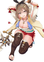 Rule 34 | 1girl, absurdres, atelier (series), atelier ryza, atelier ryza 1, belt, blue belt, blush, boots, breasts, bridal legwear, bright pupils, brown belt, brown eyes, brown hair, cleavage, flask, hair between eyes, hair ornament, hairclip, hat, highres, jacket, jewelry, large breasts, leather belt, looking at viewer, musicatopos, necklace, open mouth, red shorts, reisalin stout, round-bottom flask, short hair, short shorts, shorts, sleeveless, sleeveless jacket, smile, solo, star (symbol), star necklace, thick thighs, thighhighs, thighs, toe ring, toeless footwear, white background, white hat, yellow jacket