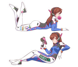 Rule 34 | 1girl, ass, blue bodysuit, bodysuit, breasts, brown eyes, brown hair, blowing bubbles, chewing gum, commentary, commission, d.va (overwatch), english commentary, from side, gloves, gun, headphones, holding, holding gun, holding weapon, kuso otoko, long hair, looking at viewer, lying, medium breasts, overwatch, overwatch 1, pilot suit, sitting, weapon, white background, white gloves