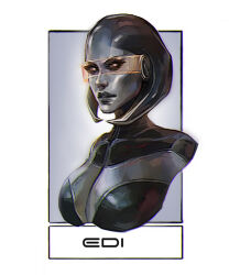 Rule 34 | 1girl, android, character name, commentary, edi (mass effect), english commentary, engrish commentary, eva kosmos, grey lips, hologram, looking at viewer, mass effect (series), mass effect 3, metal skin, orange eyes, parted lips, portrait, solo