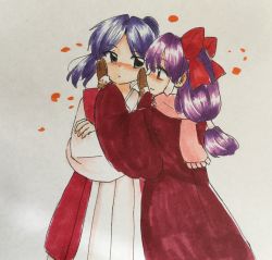 Rule 34 | 2girls, blue eyes, blue hair, blush, bow, commentary request, hair bow, hakototuki, hakurei reimu, hakurei reimu (pc-98), hands on another&#039;s cheeks, hands on another&#039;s face, highres, japanese clothes, long hair, long sleeves, looking at another, low-tied long hair, meira (touhou), mittens, multiple girls, parted bangs, petals, purple eyes, purple hair, red bow, sketch, touhou, touhou (pc-98), traditional media, yuri