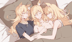 Rule 34 | 3girls, absurdres, animal ears, arknights, aunt and niece, bite mark, black shirt, blanket, blemishine (arknights), blonde hair, chinese commentary, clothed female nude female, collarbone, completely nude, closed eyes, female focus, gemi 25, hickey, highres, horse ears, incest, long hair, multiple girls, nearl (arknights), nude, open mouth, pillow, shirt, siblings, sisters, sleeping, tank top, under covers, whislash (arknights), white tank top, yuri