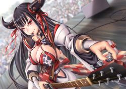 Rule 34 | 1girl, animal print, black hair, black nails, blurry, bra, breasts, bridal gauntlets, cleavage, collar, concert, cow print, depth of field, detached sleeves, earrings, electric guitar, eyeshadow, foreshortening, gibson sg, guitar, highres, horn ornament, horn ribbon, horns, instrument, japanese clothes, jewelry, kobu ride, large breasts, long hair, long sleeves, looking at viewer, makeup, mole, mole on breast, mouth hold, nail polish, obi, plectrum, re:act, red bra, red eyes, red ribbon, ribbon, rope, sash, shimenawa, shrug (clothing), smile, solo focus, stage, underwear, ushio tia, very long hair, virtual youtuber, wide sleeves