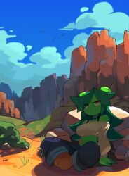 Rule 34 | 1girl, absurdres, bacun, bird, blue sky, breasts, bush, cactus girl, choker, claws, cloud, colored skin, commentary, crop top, day, english commentary, flock, frown, green hair, green skin, highres, long hair, medium breasts, midriff, monster girl, mountain, mountainous horizon, off-shoulder shirt, off shoulder, on ground, original, outdoors, pants, plant girl, rebutia (bacun), red eyes, rock, shade, shirt, sitting, sky, solo, thorns, torn clothes, torn pants