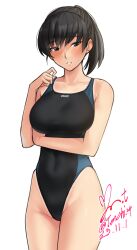 Rule 34 | 1girl, amagami, black eyes, black hair, blush, breasts, commentary request, competition swimsuit, covered navel, dated, highleg, large breasts, looking at viewer, medium breasts, one-piece swimsuit, parted lips, ponytail, smile, solo, swimsuit, thighs, tsukahara hibiki, white background, yoo tenchi