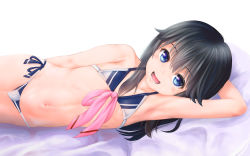 Rule 34 | 1girl, arm up, armpits, bikini, black hair, blue eyes, blush, bow, cameltoe, chakabo, flat chest, hair between eyes, highres, long hair, looking at viewer, lying, navel, on side, open mouth, original, pink bow, see-through, side-tie bikini bottom, solo, swimsuit, white background