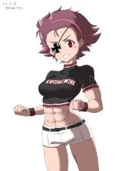 Rule 34 | 1girl, absurdres, black shirt, blush, breasts, brown hair, clenched hands, drops mint, eyepatch, girls und panzer, grin, highres, large breasts, looking at viewer, midriff, momogaa (girls und panzer), muscular, muscular female, navel, red eyes, shirt, short hair, shorts, simple background, smile, solo, white background, white shorts