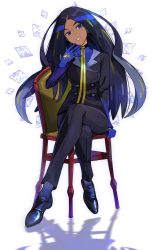 Rule 34 | 1girl, arm support, black footwear, black hair, black jacket, black pants, blue eyes, blue gloves, blue shirt, buttons, commentary request, creatures (company), crossed legs, double-breasted, full body, game freak, geeta (pokemon), gloves, hand up, highres, hsin, jacket, long hair, long sleeves, looking at viewer, nintendo, pants, pokemon, pokemon sv, shirt, shoes, sitting, smile, socks, solo, white background