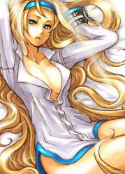 Rule 34 | 1girl, akihidekawa kobaya, arc system works, blonde hair, blue eyes, breasts, cleavage, dress shirt, guilty gear, guilty gear x, guilty gear xx, hairband, large breasts, long hair, lowres, millia rage, open clothes, open shirt, parted lips, shirt, solo, very long hair