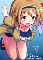 Rule 34 | 10s, 1girl, 2017, bad id, bad twitter id, breasts, brown eyes, bubble, cleavage, dated, hairband, i-26 (kancolle), kantai collection, large breasts, light brown hair, long hair, mizunashi hayate, name tag, new school swimsuit, one-piece swimsuit, open clothes, open mouth, sailor collar, school swimsuit, short sleeves, smile, solo, swimsuit, swimsuit under clothes, twitter username, two-tone hairband, two side up, underwater