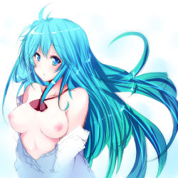 Rule 34 | 10s, 1girl, ahoge, bare shoulders, blue eyes, blue hair, blush, breasts, collarbone, denpa onna to seishun otoko, floating hair, from side, goban, long hair, looking at viewer, looking to the side, medium breasts, nipples, off shoulder, parted lips, shirt, solo, touwa erio, upper body, very long hair, white shirt