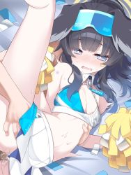 Rule 34 | 1boy, 1girl, animal ears, bare arms, bare legs, bare shoulders, black hair, blue archive, blush, breasts, cheerleader, clothed sex, crop top, dog ears, dog girl, eyewear on head, goggles, goggles on head, halo, hetero, hibiki (blue archive), hibiki (cheer squad) (blue archive), highres, leg up, long hair, lying, midriff, millennium cheerleader outfit (blue archive), navel, nose blush, on side, penis, pleated skirt, pom pom (cheerleading), pussy juice, sex, sex from behind, skirt, small breasts, solo focus, spasm, spread legs, sticker on face, sweat, tatsuya (trypaint), torso grab, uncensored, vaginal