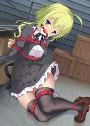 Rule 34 | 1girl, absurdres, ahoge, amano soraha, arms behind back, assault lily, ball gag, bdsm, black ribbon, black skirt, black thighhighs, blonde hair, blue eyes, blush, bondage, bound, bound ankles, bound legs, bound torso, box, breasts, brown footwear, buttons, cardboard box, commission, crate, cropped jacket, drooling, dutch angle, frilled skirt, frills, full body, gag, gagged, hair between eyes, head tilt, high-waist skirt, highres, indoors, jewelry, juliet sleeves, leg ribbon, loafers, long hair, long sleeves, looking at viewer, low ponytail, medium breasts, meitoku, miniskirt, neck ribbon, nose blush, on floor, pixiv commission, ponytail, puffy sleeves, raised eyebrows, reflection, reflective floor, restrained, revision, ribbon, ring, rope, saliva, school uniform, shelf, shirt, shoes, sitting, skirt, solo, tearing up, thighhighs, white ribbon, white shirt, wiffle gag, yurigaoka girls academy school uniform, zettai ryouiki