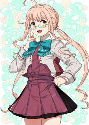 Rule 34 | 1girl, absurdres, ahoge, aqua bow, aqua bowtie, blush, bow, bowtie, commentary request, commission, dress, glasses, grey jacket, highres, index finger raised, jacket, kanmiya shinobu, kantai collection, long hair, low twintails, makigumo (kancolle), makigumo kai ni (kancolle), open mouth, purple dress, sidelocks, simple background, skeb commission, solo, twintails, very long hair, yellow eyes