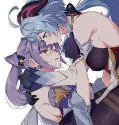 Rule 34 | 2girls, ahoge, bare shoulders, black gloves, blue hair, breasts, cone hair bun, detached sleeves, eye contact, ganyu (genshin impact), genshin impact, gloves, goat horns, hair bun, horns, hug, keqing (genshin impact), long hair, looking at another, medium breasts, multiple girls, negom, one eye closed, pink eyes, purple gloves, purple hair, red eyes, simple background, twintails, white background, yuri