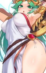 Rule 34 | 1girl, armlet, armpit crease, armpits, arms up, bad id, bad twitter id, belt, blush, breasts, cowboy shot, dress, eyelashes, from below, green eyes, green hair, highres, jtveemo, kid icarus, kid icarus uprising, large breasts, long hair, looking at viewer, looking down, multiple belts, nintendo, open mouth, palutena, puffy nipples, side slit, simple background, solo, strapless, strapless dress, sweat, sweatdrop, thighs, tiara, twitter username, white background, white dress