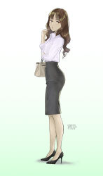 Rule 34 | 1girl, absurdres, blush, brown eyes, brown hair, collared shirt, crossed arms, expressionless, fingernails, from side, full body, hand up, high heels, highres, lipstick, looking to the side, makeup, mascara, medium hair, office lady, original, pencil skirt, profile, pumps, red nails, shirt, shoes, skirt, solo, stiletto heels, thighs, white shirt, y.kami nao/take