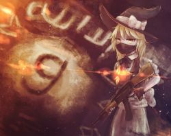 Rule 34 | 1girl, ak-74, apron, assault rifle, bad id, bad vkontakte id, black dress, black hat, blonde hair, blue ribbon, bow, braid, covered mouth, dress, english text, fingerless gloves, flag, fly-gray, gloves, gun, hair bow, hat, hat bow, holding, holding weapon, kalashnikov rifle, kirisame marisa, looking at viewer, mask, military, mouth mask, puffy short sleeves, puffy sleeves, ribbon, rifle, short hair, short sleeves, single braid, solo, standing, terrorism, terrorist, touhou, trigger discipline, waist apron, weapon, white bow, witch hat, yellow eyes