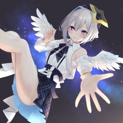 Rule 34 | absurdres, amane kanata, bare shoulders, blue journey (hololive), detached sleeves, grey hair, highres, hololive, purple eyes, short hair, smallpine 7, smile, solo, virtual youtuber, wings