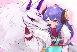Rule 34 | 1girl, ahoge, alternate costume, alternate hair color, alternate hairstyle, animal ears, blush, body fur, braid, curled horns, fingerless gloves, flower, fur (clothing), gloves, grin, hair between eyes, hair flower, hair ornament, headpat, horns, kindred (league of legends), kuru006, lamb (league of legends), league of legends, long hair, long sleeves, official alternate costume, official alternate hairstyle, one eye closed, open mouth, partially fingerless gloves, pink eyes, purple hair, ribbon, side braid, simple background, smile, spirit blossom kindred, twin braids, twintails, white fur, wolf (league of legends)