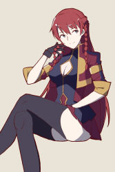Rule 34 | 10s, 1girl, black gloves, blue eyes, braid, breasts, cleavage, cleavage cutout, clothing cutout, gloves, long hair, long sleeves, medium breasts, re:creators, red hair, selesia upitiria, sitting, skirt, smile, solo, thighhighs, twin braids, vic (vedream), zettai ryouiki