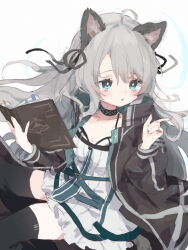 Rule 34 | 1girl, :o, ahoge, animal ears, arknights, black collar, black jacket, black ribbon, black thighhighs, blue eyes, blush, book, bright pupils, cat ears, cat girl, collar, cowboy shot, dress, grey hair, hair ribbon, holding, holding book, index finger raised, infection monitor (arknights), jacket, long hair, long sleeves, mint (arknights), open book, open clothes, open jacket, ribbon, simple background, solo, thighhighs, unitedunti, white background, white dress, white pupils