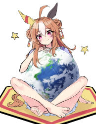 Rule 34 | 1girl, absurdres, ahoge, animal ears, barefoot, blush, brown hair, closed mouth, copano rickey (umamusume), double bun, ear covers, earth (planet), fang, fang out, feet, full body, hair bun, hair ornament, highres, horse ears, horse girl, horse tail, indian style, legs, long hair, looking at viewer, multicolored hair, planet, purple shirt, red eyes, shirt, short sleeves, sitting, skin fang, skirt, smile, solo, spread toes, star (symbol), tail, tassel, tassel hair ornament, tiara (871220), toenails, toes, two-tone hair, umamusume, white background, white skirt