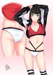 Rule 34 | 10s, 1girl, akira miku ver, arms up, ass, bikini, black hair, blunt bangs, breasts, cleavage, closed mouth, cropped legs, gradient background, green eyes, highres, jacket, kurosawa dia, long hair, long sleeves, looking at viewer, love live!, love live! sunshine!!, medium breasts, mole, mole under mouth, multiple views, navel, o-ring, o-ring bikini, open clothes, open jacket, pink background, red bikini, signature, smile, solo, standing, striped clothes, striped legwear, striped thighhighs, swimsuit, thighhighs, white bikini