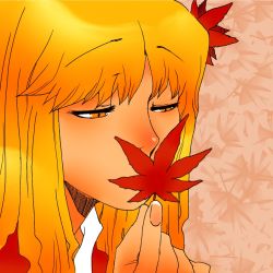 Rule 34 | 1girl, aki shizuha, blonde hair, leaf, long hair, maple leaf, onikobe rin, smelling, touhou, yellow eyes