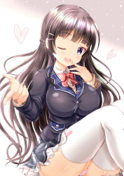 Rule 34 | 1girl, ;d, black hair, black jacket, blazer, blue eyes, blush, bow, braid, breasts, brown sweater, collared shirt, commentary request, dress shirt, frilled skirt, frills, grey skirt, hair ornament, hairclip, heart, highres, jacket, knees up, large breasts, long hair, looking at viewer, nail polish, nijisanji, one eye closed, open mouth, panties, pink nails, plaid, plaid skirt, pointing, pointing at viewer, red bow, school uniform, shirt, skirt, smile, solo, striped clothes, striped panties, sweater, tsukino mito, tsukino mito (1st costume), underwear, very long hair, virtual youtuber, white shirt, xenon (for achieve)