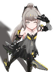 Rule 34 | 1girl, bare shoulders, chainsword, closed mouth, dress, flat chest, from above, grey dress, grey eyes, grey hair, headgear, highres, holding, holding sword, holding weapon, long hair, looking at viewer, makibane (mkbane), mechanical arms, mechanical legs, nanami: pulse (punishing: gray raven), nanami (punishing: gray raven), one eye closed, ponytail, punishing: gray raven, shadow, sidelocks, solo, sword, v, v over head, weapon