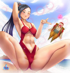 Rule 34 | 1girl, beach, blood, blush, breasts, cameltoe, cleavage, clothing cutout, dragon quest, dragon quest xi, happy, heart, heart-shaped pupils, highres, martina (dq11), navel, navel cutout, nosebleed, old, old man, one eye closed, ponytail, sky, spread legs, squatting, swimsuit, symbol-shaped pupils